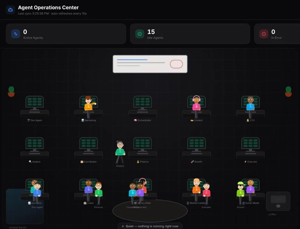 MarkexOS: Agent Operations Center — a live view of every specialized marketing agent