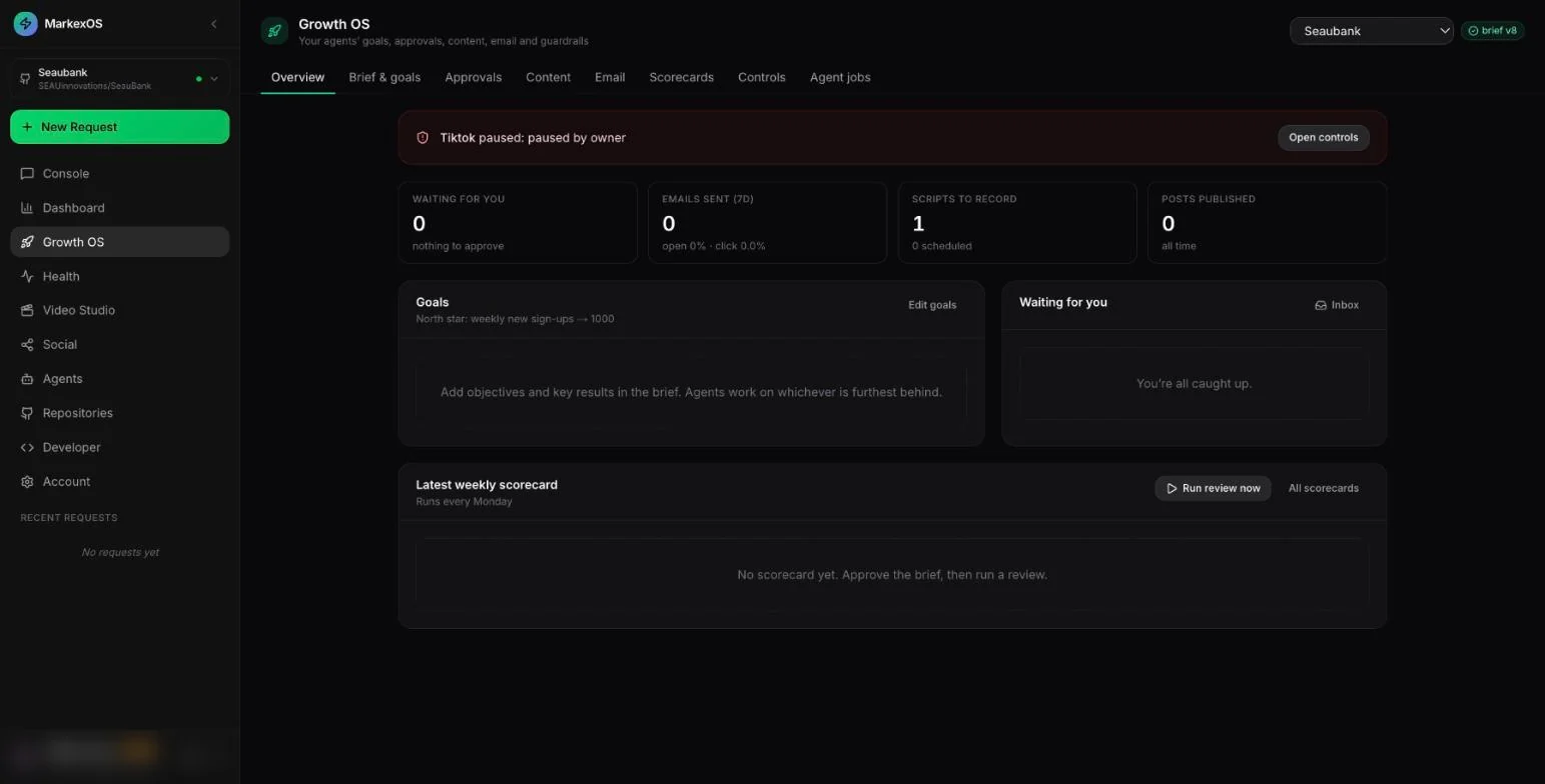 MarkexOS: Growth OS — goals, approvals, content, email and guardrails in one place