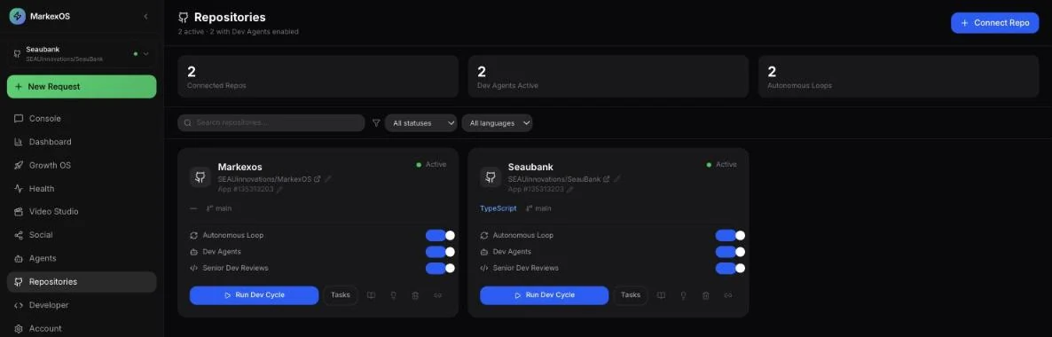 MarkexOS: Repositories — connected GitHub repos with autonomous loops, dev agents and senior-dev reviews