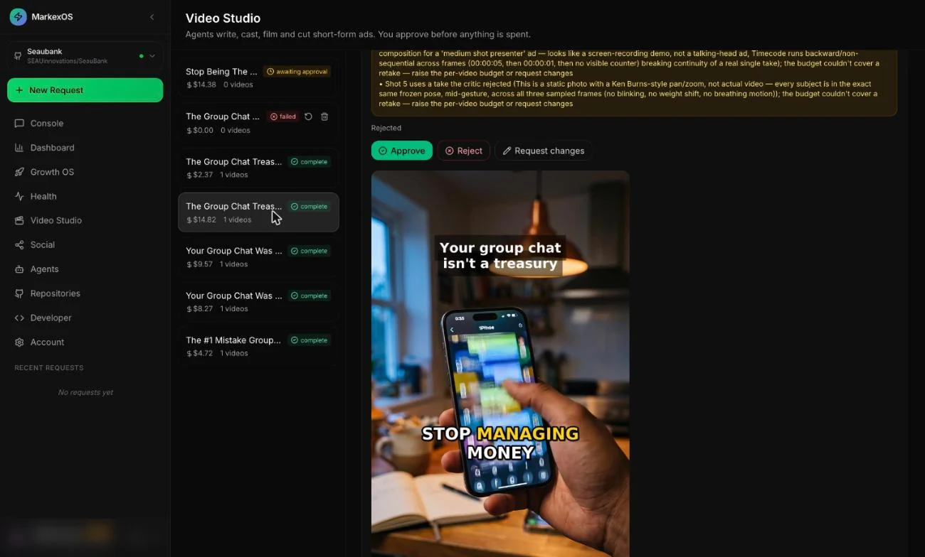 MarkexOS: Video Studio — agents write, cast, film and cut a short-form ad, then wait for your approval