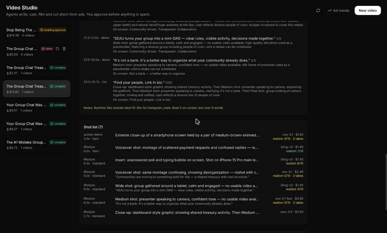 MarkexOS: Generated script and shot list — timed beats, voiceover, on-screen text and per-shot model cost